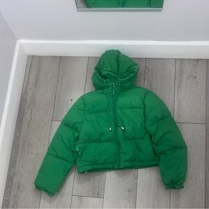 Green puffer cropped hooded jacket coat small